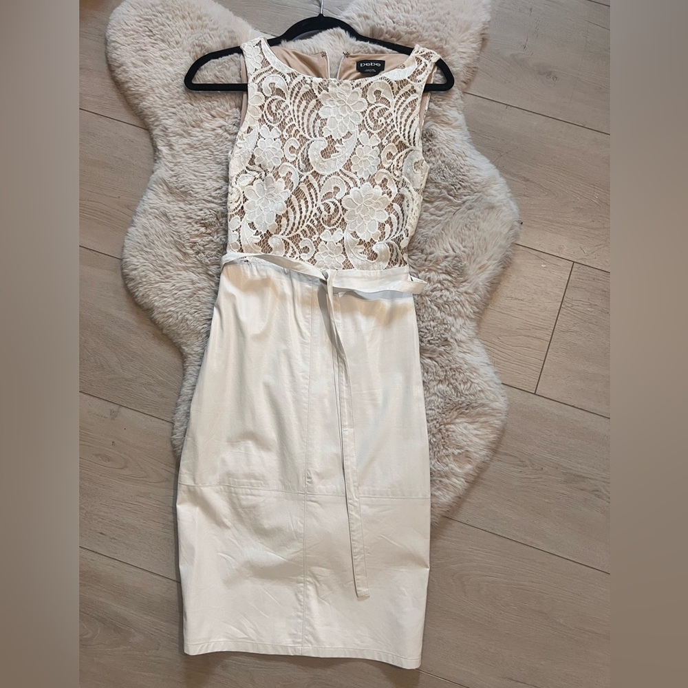White lace and leather body con Bebe dress